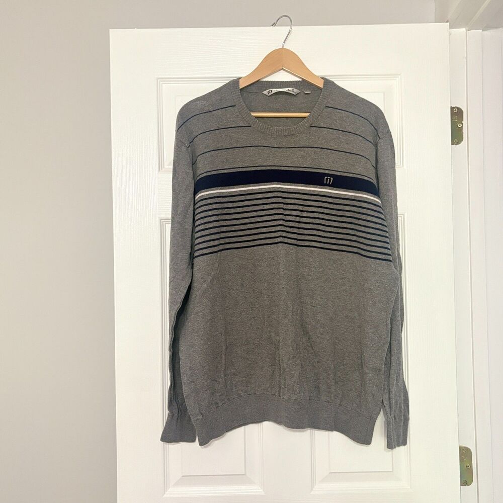 Travis Mathew Sweater Mens XXL Gray Blue Stripe Crew Neck Knit Pullover Golf